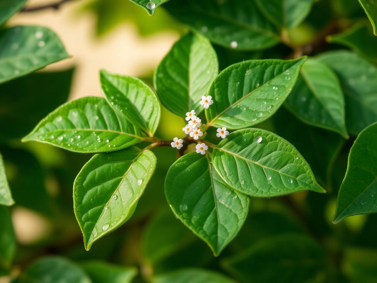Close-up of Bilva (Aegle marmelos) trifoliate leaves with tiny white flowers