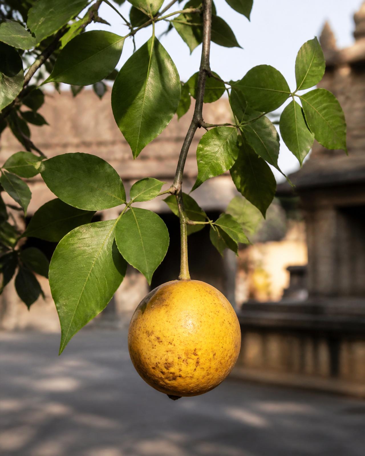 Bilva (Aegle marmelos) — trifoliate leaves and a ripe golden Bael fruit hanging from the branch, in a temple courtyard